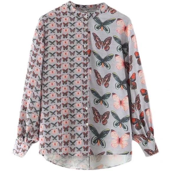 Multicoloured Asymmetrical Butterfly Print Botton Up Blouse - Picture 5 of 6